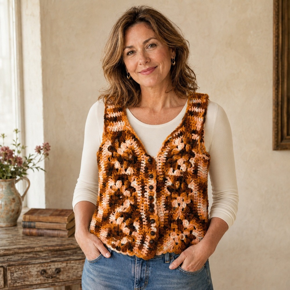 Handmade Vintage Crochet Vest Granny Square XS‎ Boho Festival Retro 70s Sweater